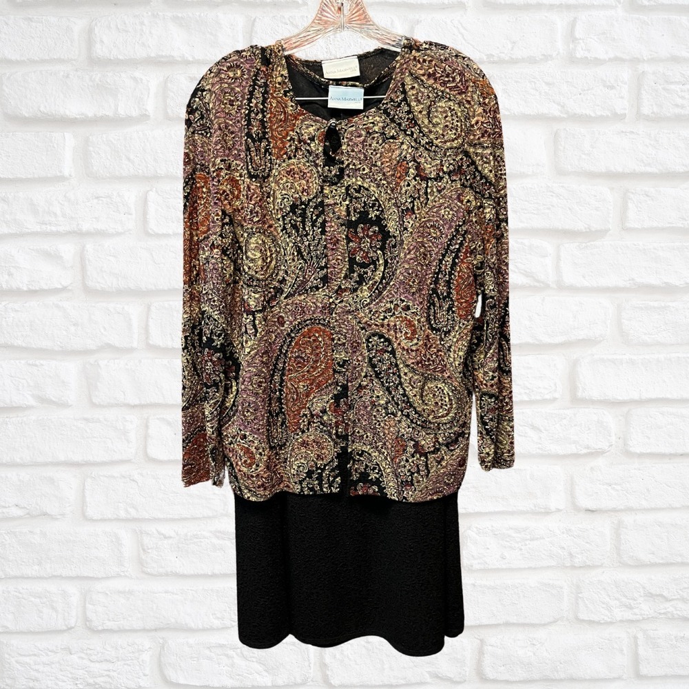 Anna Maxwell 3-Piece Paisley Floral Outfit - Jacket, Tank Top, Skirt - Black Chi